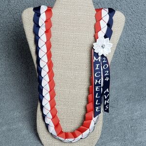 Americana Personalize Grad 4-Ribbon Lei or (Choose Colors, Year, Name, School)